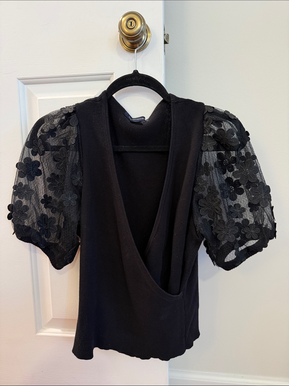 French Connection Black V‑Neck Knit Top with Floral Mesh Puff Sleeves